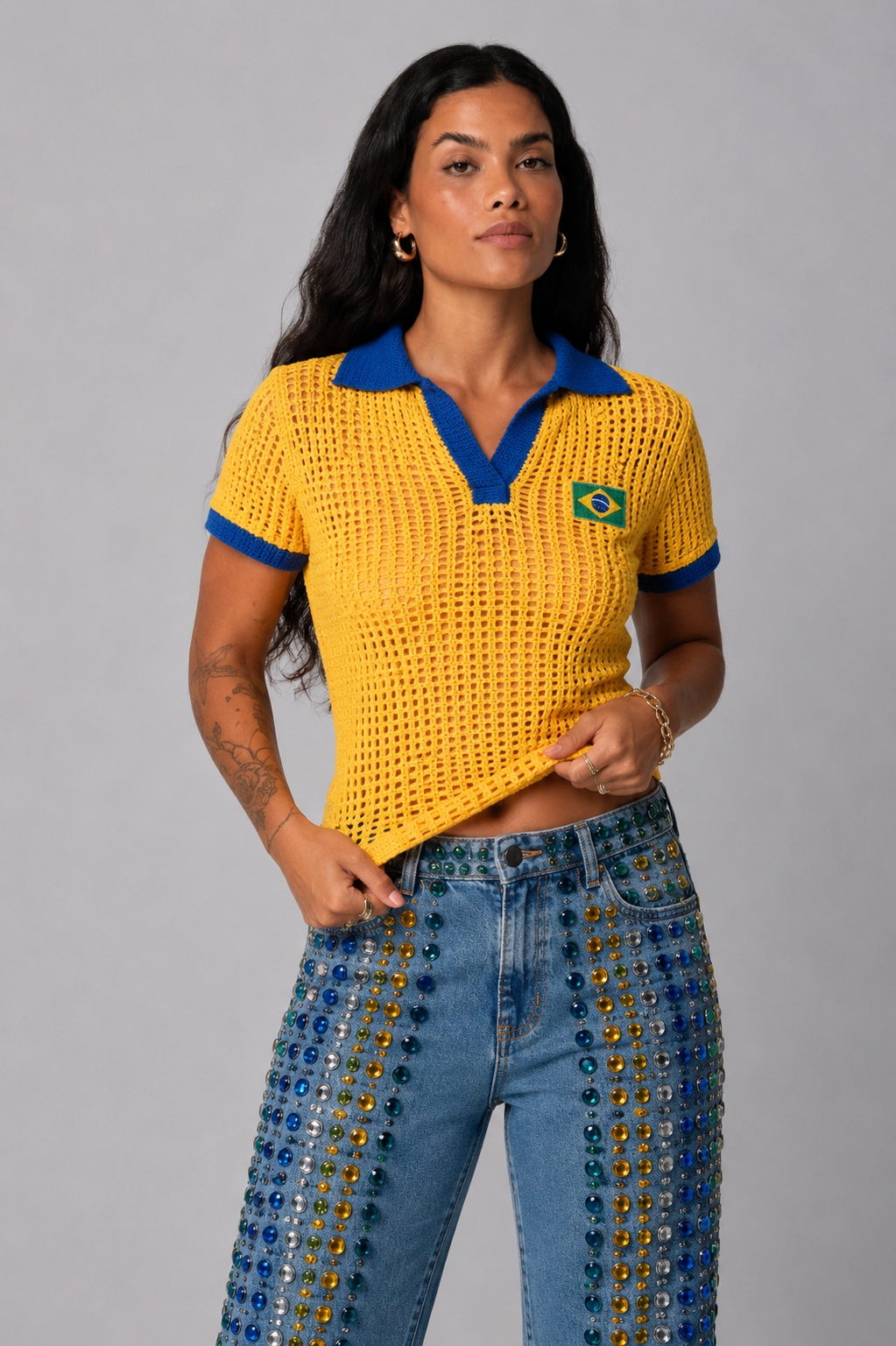 Camisa Polo Crochet Brasil Dourado