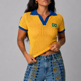 Camisa Polo Crochet Brasil Dourado